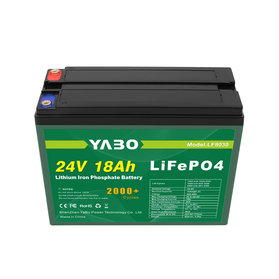 YABO 24V 18Ah LiFePO4 Lithium Iron Phosphate Battery – High Capacity, Long Life, Fast Charging